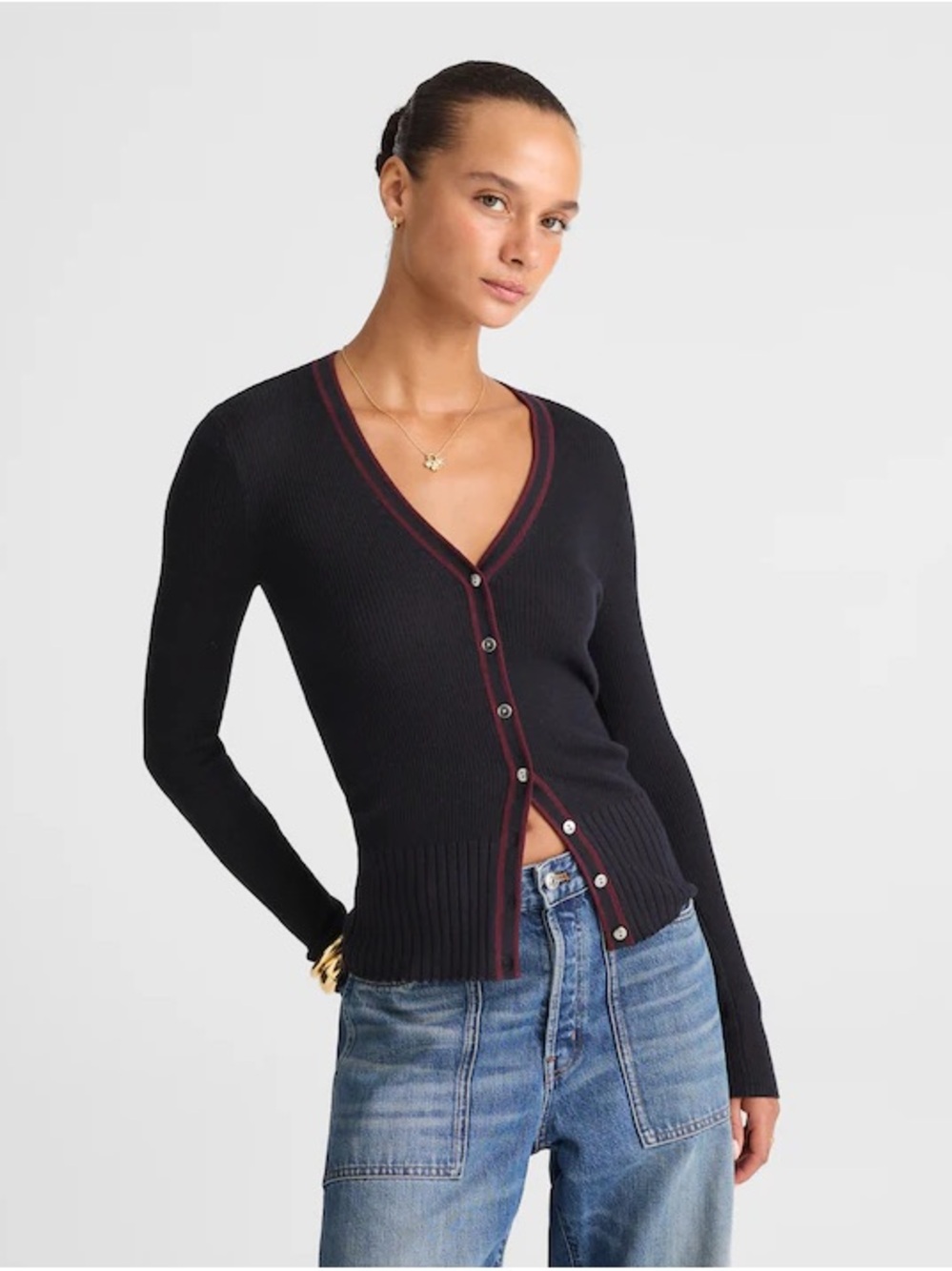 Madewell Black Ribbed V-Neck Cardigan with Burgundy Trim